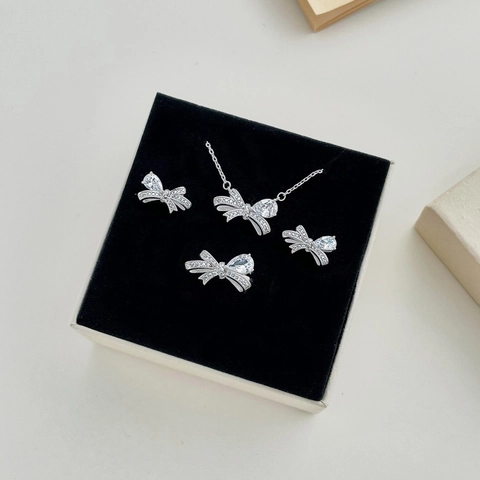925 Sterling Silver Bowknot Jewelry Set With Waterdrop Zirconia Necklace Earrings Ring For Women Elegant Fashion Commute Accessories