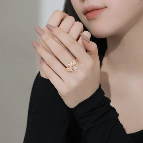 925 Sterling Silver Leaf Adjustable Open Ring For Women Marquise Cut Zirconia Plant Motif Elegant Fashion Jewelry Finger Accessory
