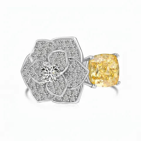 Luxury 925 Sterling Silver Flower Ring Pave Zirconia With Yellow Cushion Cut Gemstone Rose Band Jewelry For Women
