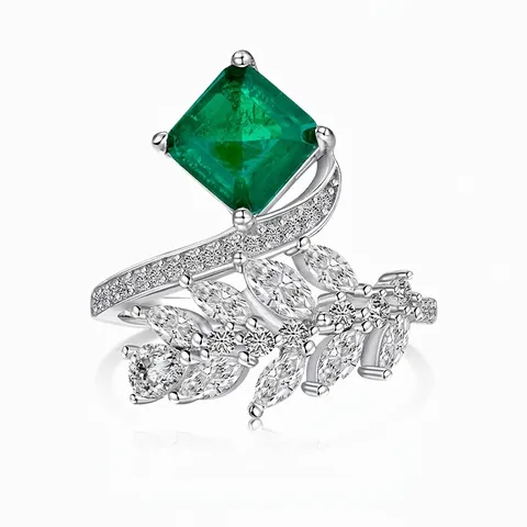 925 Sterling Silver Square Synthetic Emerald Ring For Women Vintage Leaf Vine Design Zirconia Inlaid Elegant Finger Ring Jewelry
