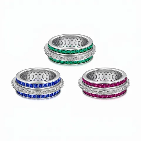 925 Sterling Zilver Kleurrijke Zirconia Inleg Band Ring Wiel Van Het Lot Ontwerp Vierkante Steen Bruiloft Vrouwen Sieraden