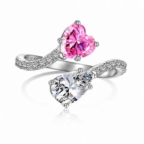 Anello in Argento Sterling S925 per Donna Cuore Rosa Giallo Zirconia Design a Goccia d'Acqua Bypass Aperto Gioielli Elegante Anello da Dito Regalo