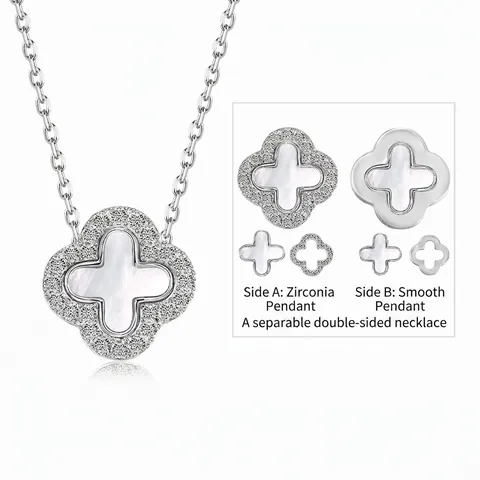 Collar de Trébol Reversible de Plata de Ley S925 para Mujer Collar con Colgante de Madreperla de Doble Cara con Borde de Circonia