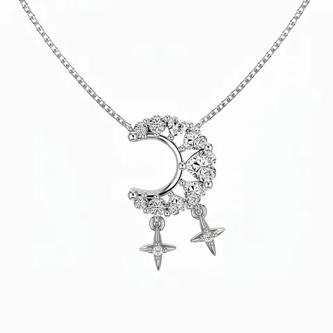 Collana con Pendente a Luna e Stella in Argento Sterling 925 per Donna con Zirconia a Cuore Catena a Osso di Serpente