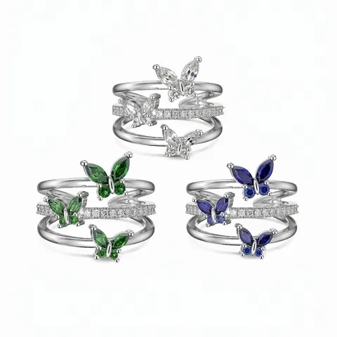 S925 Sterlingsilber Schmetterling Mehrlagig Offener Ring Für Damen Luxus Zirkonia Blau Grün Weiß Verstellbarer Fingerring