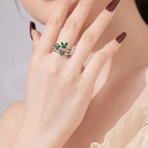 S925 Sterlingsilber Schmetterling Mehrlagig Offener Ring Für Damen Luxus Zirkonia Blau Grün Weiß Verstellbarer Fingerring