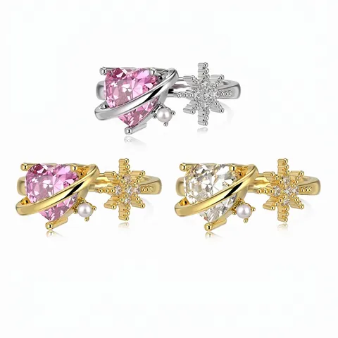 S925 Sterlingsilber Herz Zirkonia Planeten Ring Für Damen Mit Künstlicher Perle Stern Schnee Verstellbarer Offener Ring Schmuck