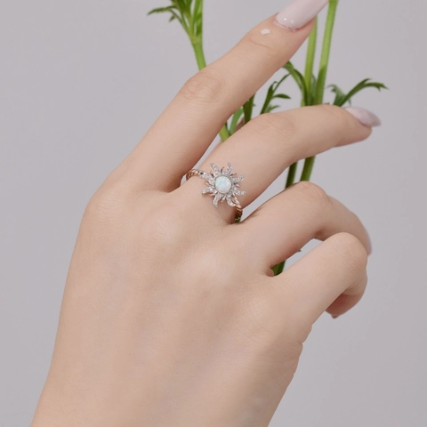 S925 Sterling Silver Sun Starburst Ring For Women With Round Blue White Opal And Zirconia Twisted Band Fashion Jewelry