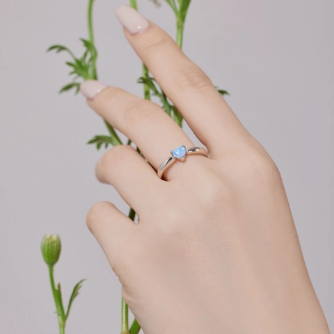 S925 Sterling Silver Heart Shaped Blue Synthetic Opal Ring For Women Minimalist Korean Style Jewelry Gift Finger Ring