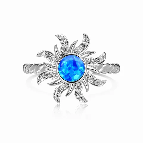 S925 Sterling Silver Sun Starburst Ring For Women With Round Blue White Opal And Zirconia Twisted Band Fashion Jewelry