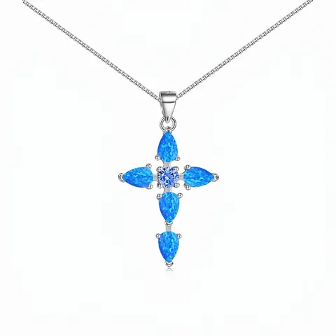 Collar de Cruz de Plata de Ley S925 para Mujer Colgante de Ópalo Sintético Azul Blanco Circonia Cadena de Clavícula Joyería
