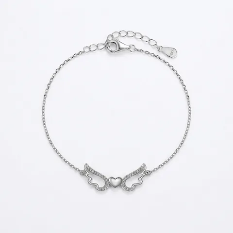 925 Sterling Silver Angel Wings Heart Bracelet For Women Inlaid Rhinestone Adjustable Chain Fashion Jewelry Gift