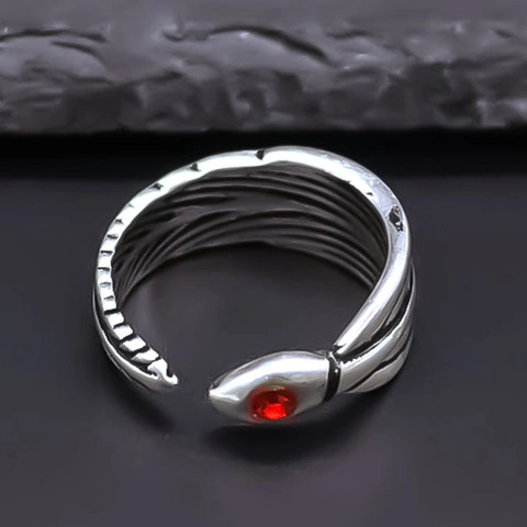 Vintage Alloy Serpent Feather Open Ring For Men Women Antique Silver Rhinestone Red Eye Adjustable Gothic Punk Accessory
