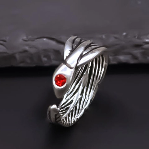 Vintage Alloy Serpent Feather Open Ring For Men Women Antique Silver Rhinestone Red Eye Adjustable Gothic Punk Accessory
