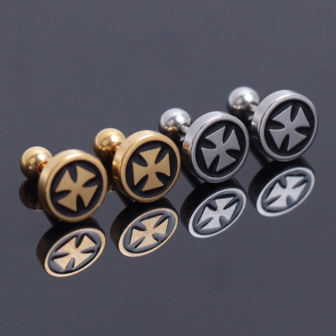 Vintage Stainless Steel Maltese Cross Stud Earrings For Men Women Punk Gothic Barbell Screw Back Round Black Enamel Stud Earrings Fashion Jewelry