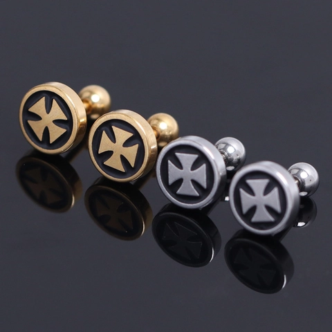 Vintage Stainless Steel Maltese Cross Stud Earrings For Men Women Punk Gothic Barbell Screw Back Round Black Enamel Stud Earrings Fashion Jewelry