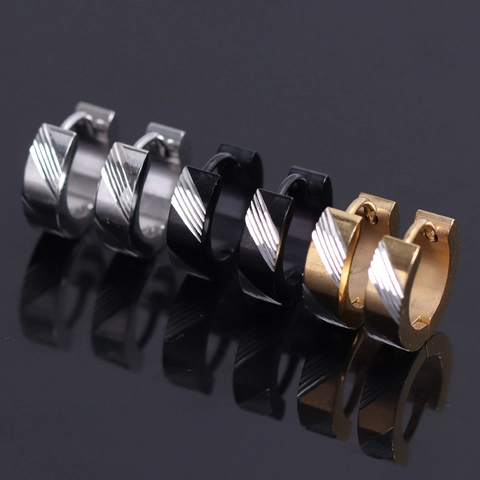 Minimalist Stainless Steel Diagonal Stripe Hoop Earrings For Men Women Neutral Punk Hip-Hop Style Jewelry Accessory Gift