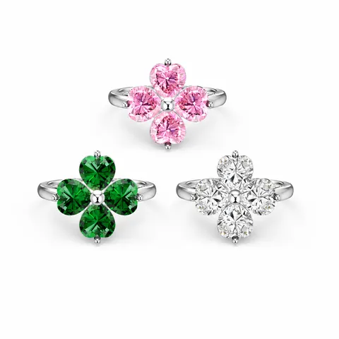 925 Sterling Silver Four Leaf Clover Ring For Women Inlaid Heart Shaped Zirconia Elegant Electroplated Jewelry Finger Ring