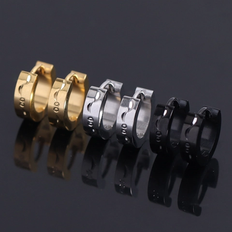 Minimalistische Edelstahl Huggie Hoop Ohrringe Für Damen Herren Gold Silber Schwarz Gravierter Mond Geometrische Ohrclips Mode Schmuck