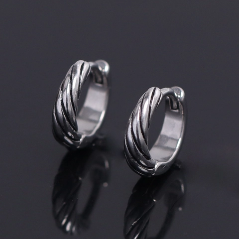 Men Stainless Steel Twisted Rope Huggie Hoop Earrings Vintage Silver Color Geometric Personalized Piercing Jewelry For Him