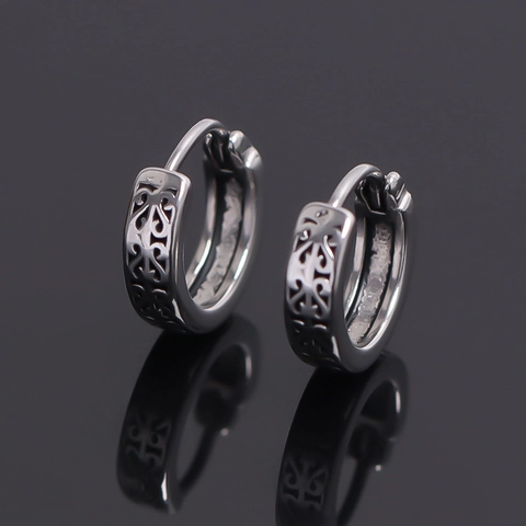 Men's Stainless Steel Hoop Earrings Retro Engraved Geometric Pattern Huggies Ear Buckle Punk Style Silver Jewelry