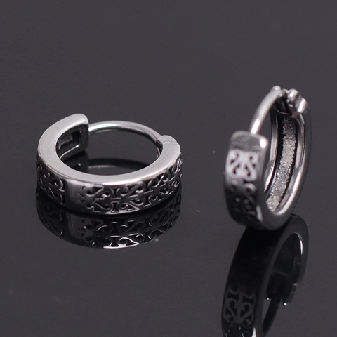 Men's Stainless Steel Hoop Earrings Retro Engraved Geometric Pattern Huggies Ear Buckle Punk Style Silver Jewelry