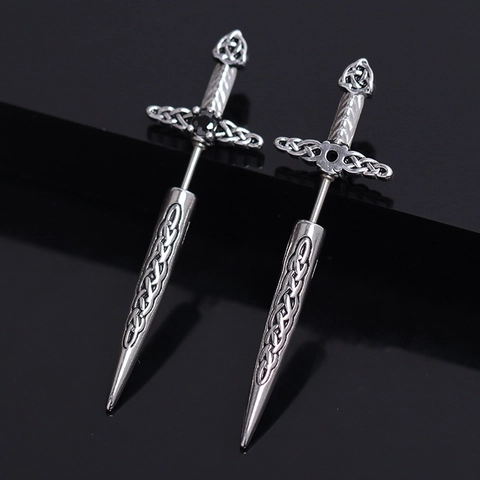 Pendientes de Botón de Espada con Nudo Celta de Acero Inoxidable Vintage Pendientes de Daga Gothic Punk con Strass Negro