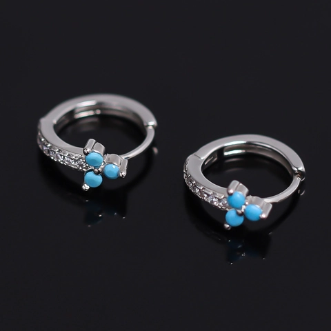 Vintage Copper Floral Huggie Earrings With Blue Stone Rhinestone Inlaid Silver Plated Men Women Jewelry Hoops Gift