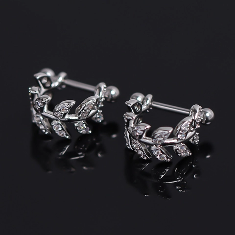 Copper Leaf Stud Earrings With Inlaid Rhinestone Silver Color Trendy Olive Branch Earrings For Women Men Jewelry