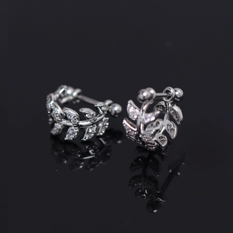 Copper Leaf Stud Earrings With Inlaid Rhinestone Silver Color Trendy Olive Branch Earrings For Women Men Jewelry