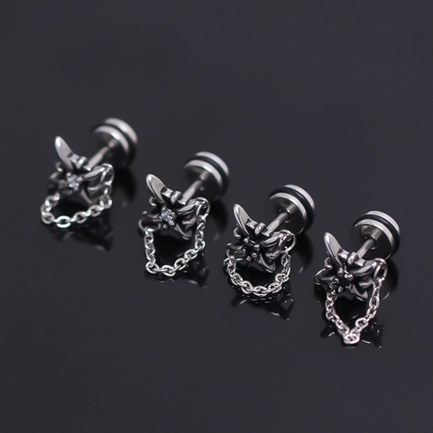 Orecchini a Bottone in Acciaio Inossidabile con Strass a Stella con Catena per Uomo Stile Punk Gotico Colore Argento Gioielli alla Moda