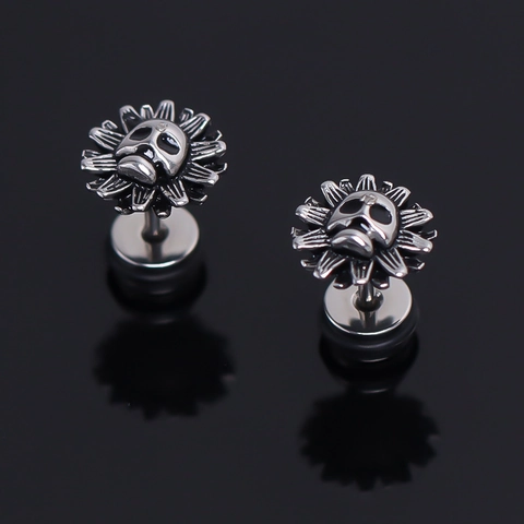 Vintage Gothic Stainless Steel Skull Sunflower Stud Earring Men Punk Hip Hop Jewelry Silver Biker Stud Earring