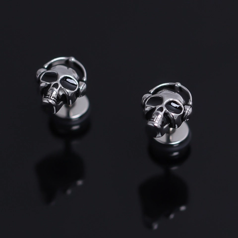 Stainless Steel Skull Head With Headphones Stud Earrings For Men Punk Hip Hop Gothic Jewelry Silver Screw Back Earring