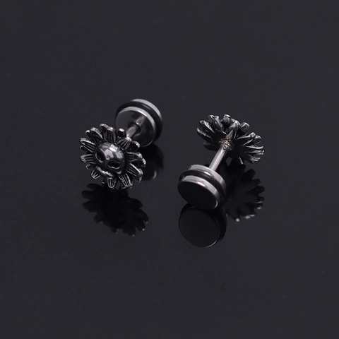 Vintage Gothic Stainless Steel Skull Sunflower Stud Earring Men Punk Hip Hop Jewelry Silver Biker Stud Earring