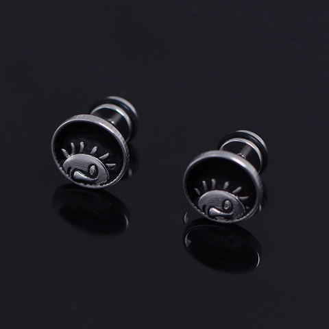 Vintage Stainless Steel Sun Star Eye Stud Earrings For Men Punk Black Enamel Screw Back Trendy Jewelry Earrings