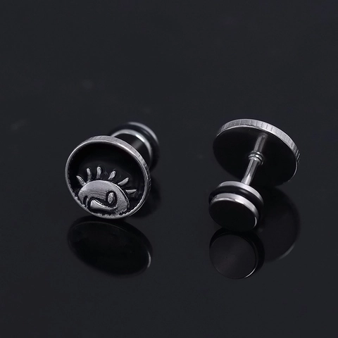Vintage Stainless Steel Sun Star Eye Stud Earrings For Men Punk Black Enamel Screw Back Trendy Jewelry Earrings