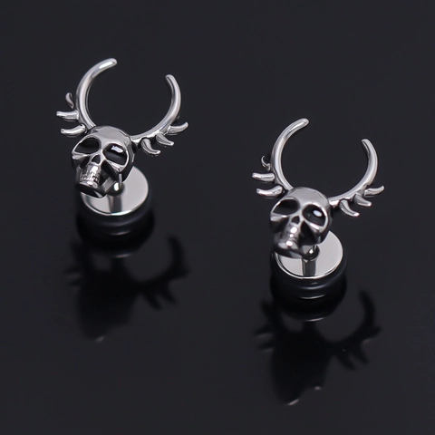 Punk Gothic Stainless Steel Skull Horned Stud Earrings For Men Vintage Distressed Skeleton Ear Piercing Individual Jewelry
