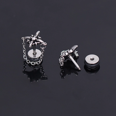 Orecchini a Bottone in Acciaio Inossidabile con Strass a Stella con Catena per Uomo Stile Punk Gotico Colore Argento Gioielli alla Moda