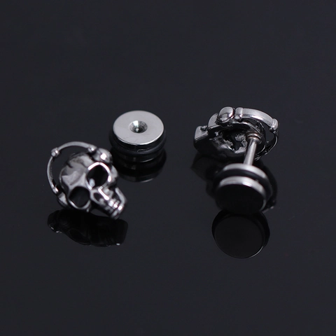 Stainless Steel Skull Head With Headphones Stud Earrings For Men Punk Hip Hop Gothic Jewelry Silver Screw Back Earring