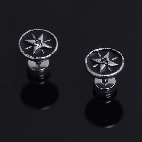 Stainless Steel Black Enamel Sun Star Compass Stud Earrings For Men Women Cool Hip Hop Fashion Rhinestone Inlaid Jewelry