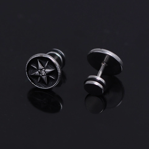 Stainless Steel Black Enamel Sun Star Compass Stud Earrings For Men Women Cool Hip Hop Fashion Rhinestone Inlaid Jewelry