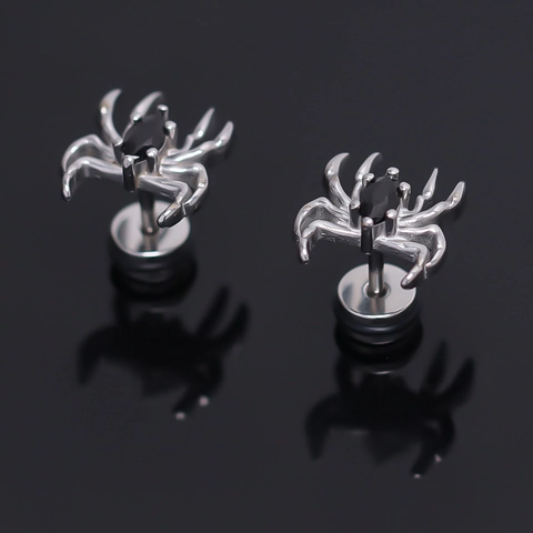 Pendientes de Botón de Araña de Acero Inoxidable para Hombre Gótico Oscuro Punk Retro Estrás Negro Incrustado Joyería de Moda