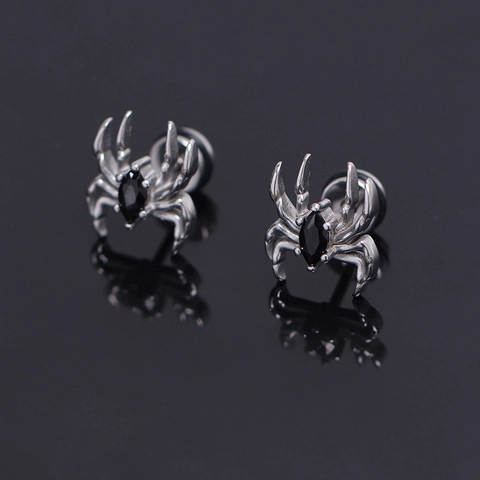 Pendientes de Botón de Araña de Acero Inoxidable para Hombre Gótico Oscuro Punk Retro Estrás Negro Incrustado Joyería de Moda