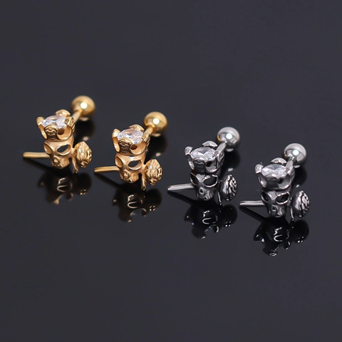 Gothic Stainless Steel Skull Rose Stud Earrings Punk Rhinestone Flower Ear Bone Nail Piercing Jewelry For Men Women