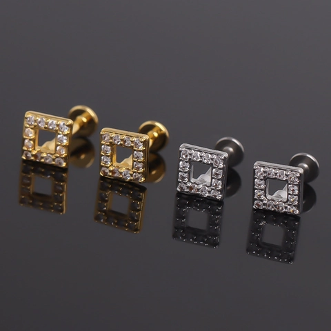 Stainless Steel Geometric Square Rhinestone Ear Studs For Men Women Minimalist Screw Back Cartilage Earrings Piercing Jewelry