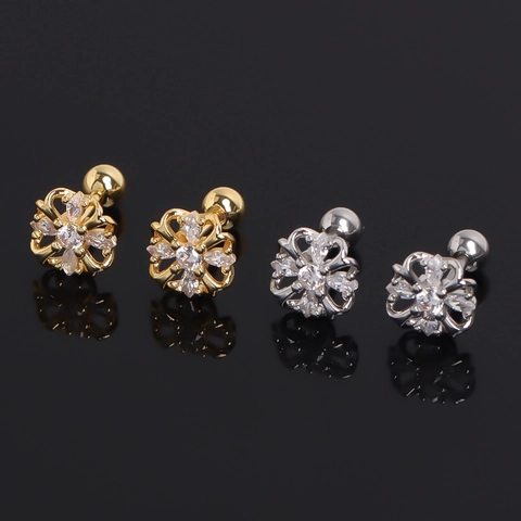 Stainless Steel Flower Rhinestone Stud Earrings Sweet Exquisite Screw Ball Back Helix Earrings For Women Fashion Jewelry