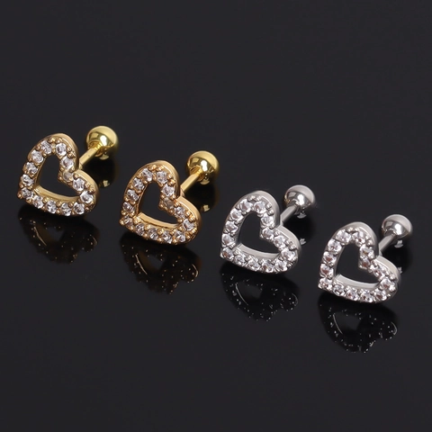 Boucles d'Oreilles Clous Cœur en Acier Inoxydable pour Femmes Hommes Strass Incrustés Fermoir à Vis Bijoux Hip Hop