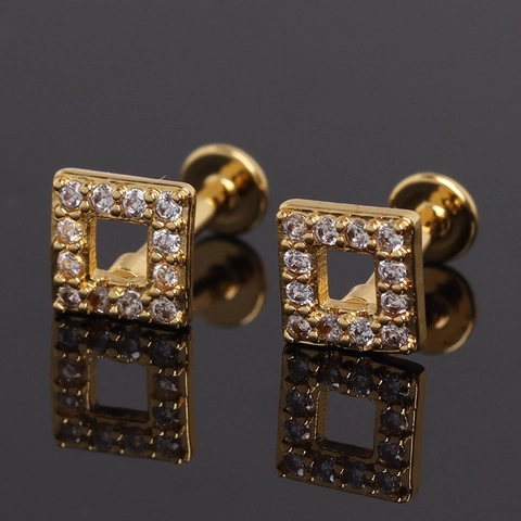 Stainless Steel Geometric Square Rhinestone Ear Studs For Men Women Minimalist Screw Back Cartilage Earrings Piercing Jewelry