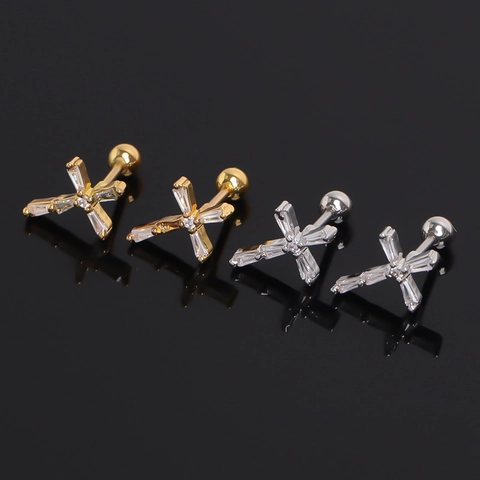 Stainless Steel Cross Stud Earrings For Women Rhinestone Inlaid Geometric Individual Trendy Jewelry Screw Ball Back Cartilage Earring