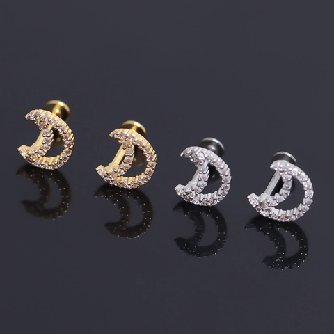 Roestvrij Stalen Pave Strass Halve Maan Oorknopjes Voor Dames Heren Platte Achterkant Schroefdraad Kraakbeen Piercing Sieraden